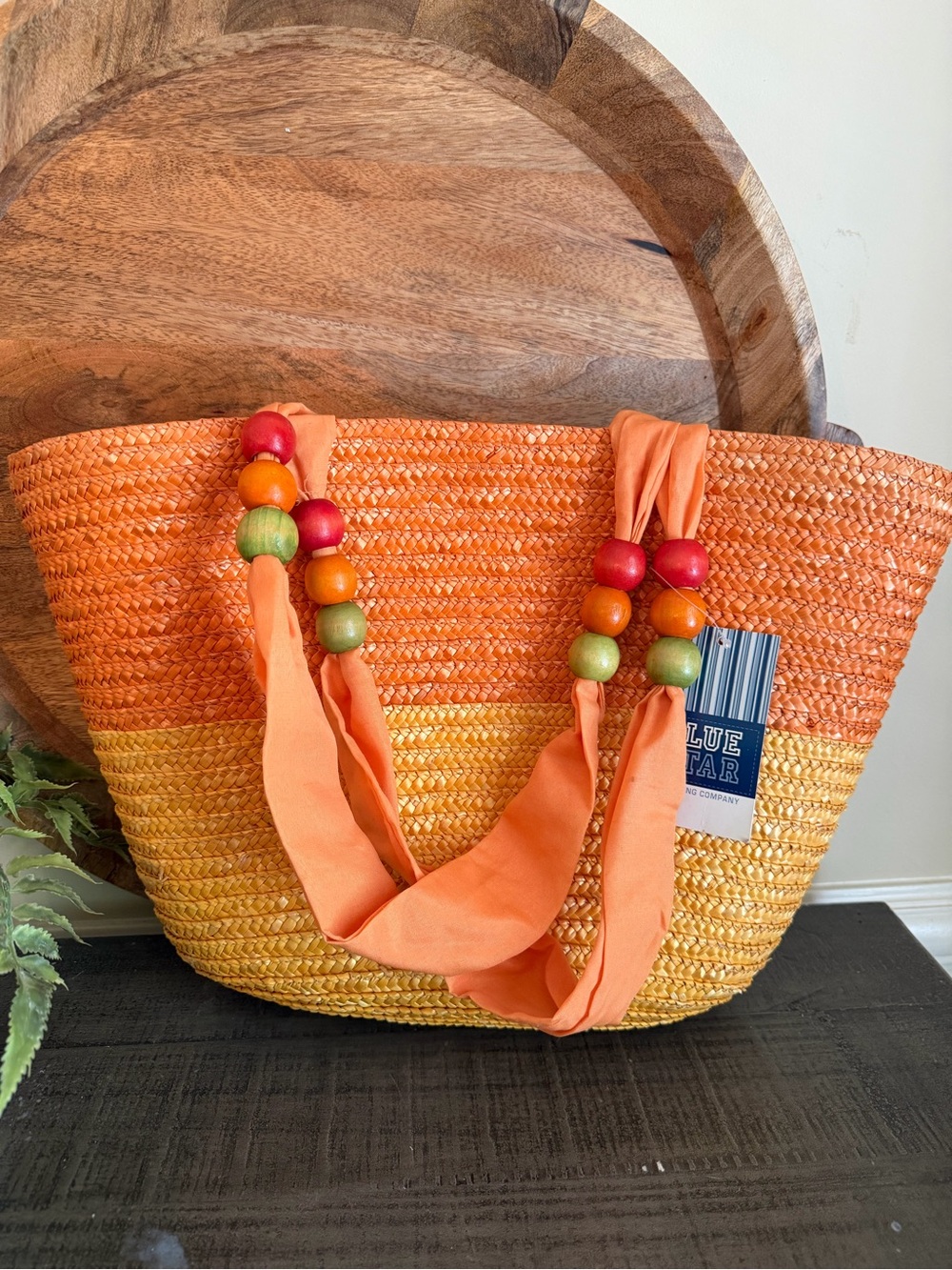 Kirklands Orange Ombre Woven Straw Beach Tote Bag with Beaded Handles Summer NWT